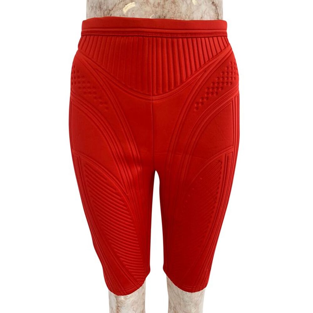 Mugler Ribbed Compression Cycling Shorts in Red Polyester